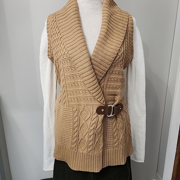 Lauren Ralph Lauren Vest Cable Knit Tan Shawl Collar Leather Buckle - Picture 13 of 13